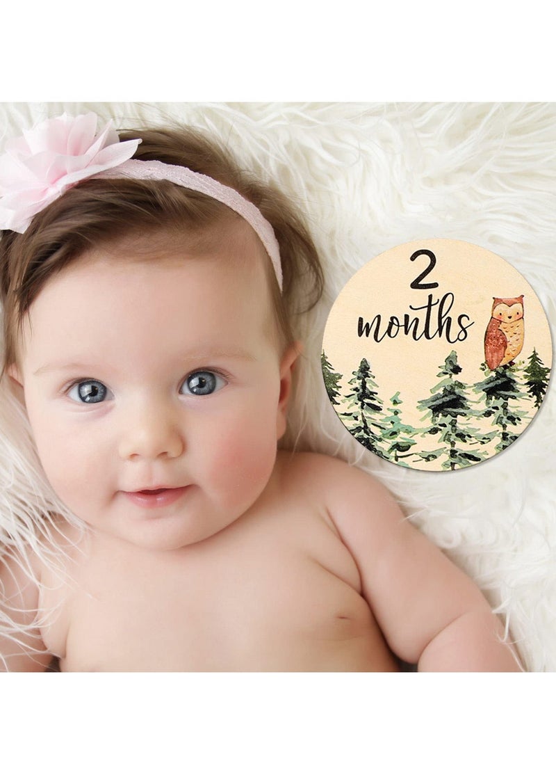 Woodland Baby Monthly Milestone 12Pcs Wooden Newborn Welcome Discs Sign Round New Baby Sign Double Sided Cute Animal Printed Baby's First Year Age Announcement for Boys Girls Photo Prop Baby Shower - Image 4