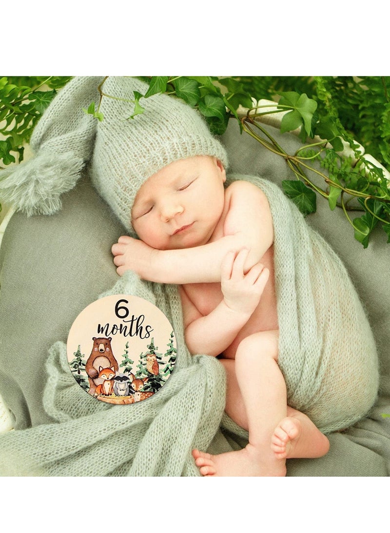 Woodland Baby Monthly Milestone 12Pcs Wooden Newborn Welcome Discs Sign Round New Baby Sign Double Sided Cute Animal Printed Baby's First Year Age Announcement for Boys Girls Photo Prop Baby Shower - Image 5