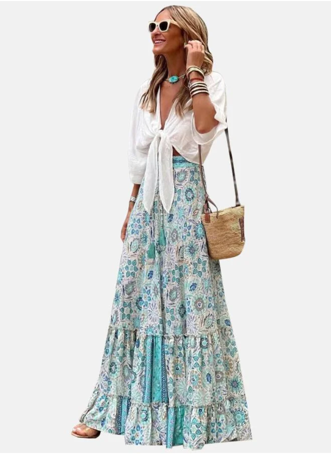 يونيكي White Floral Printed Maxi Tiered Skirt