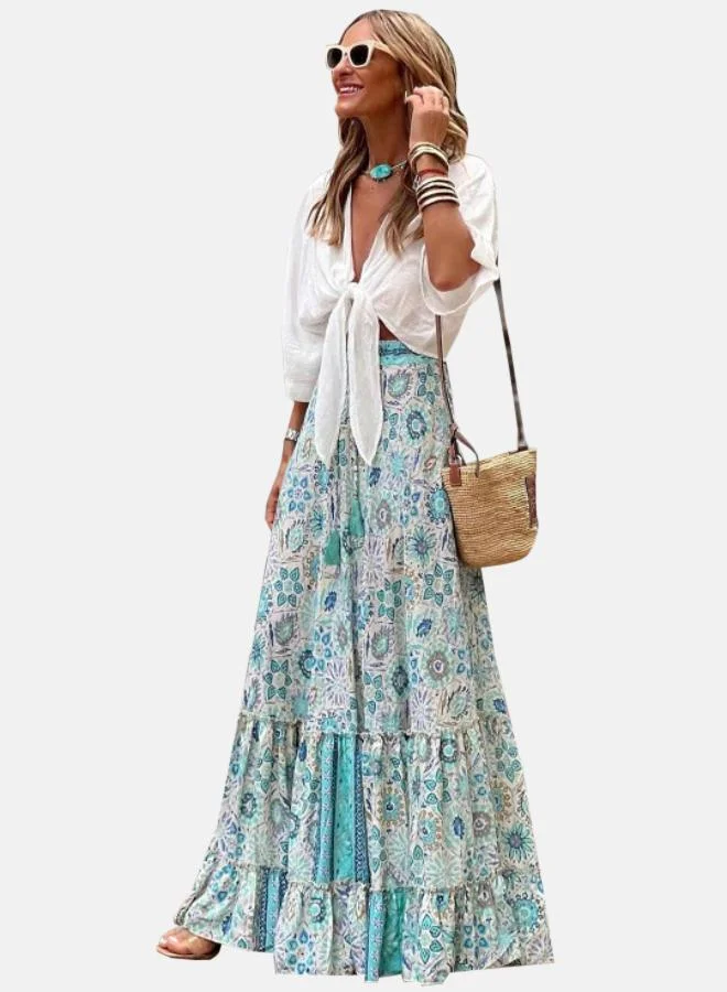 YUNIQEE White Floral Printed Maxi Tiered Skirt
