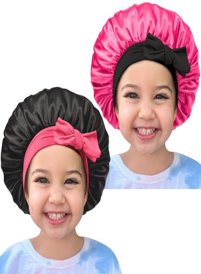 Cospack Satin Bonnet Silk Hair Cap: 2pcs Kids Bonnets with Adjustable Tie Band for Baby Toddler Sleeping Hair Bonnets Sleep Comfortable No Slip-Off (Black & HotPink) - Image 1