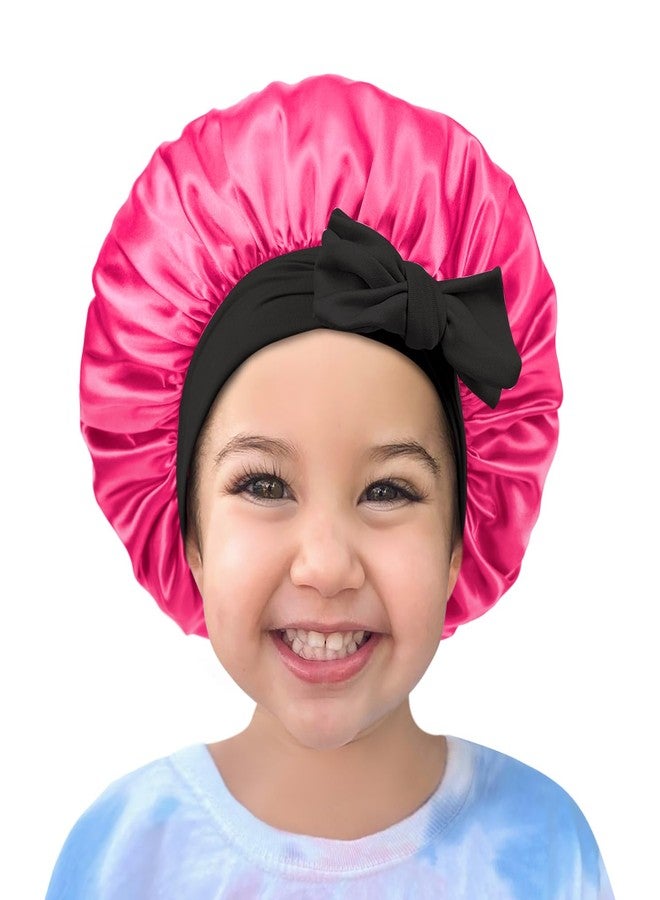 Cospack Satin Bonnet Silk Hair Cap: 2pcs Kids Bonnets with Adjustable Tie Band for Baby Toddler Sleeping Hair Bonnets Sleep Comfortable No Slip-Off (Black & HotPink) - Image 3