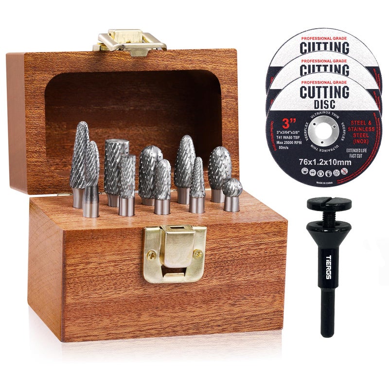 TiERGS Tungsten Carbide Burr Set, 1/4" Shank, 10Pcs Die Grinder Bits, Compatible with DeWalt & Milwaukee Die Grinders, with Mandrel and Cut-Off Wheels - Image 1