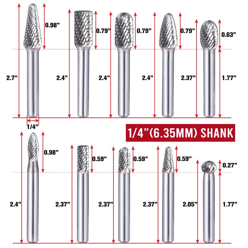 TiERGS Tungsten Carbide Burr Set, 1/4" Shank, 10Pcs Die Grinder Bits, Compatible with DeWalt & Milwaukee Die Grinders, with Mandrel and Cut-Off Wheels - Image 4