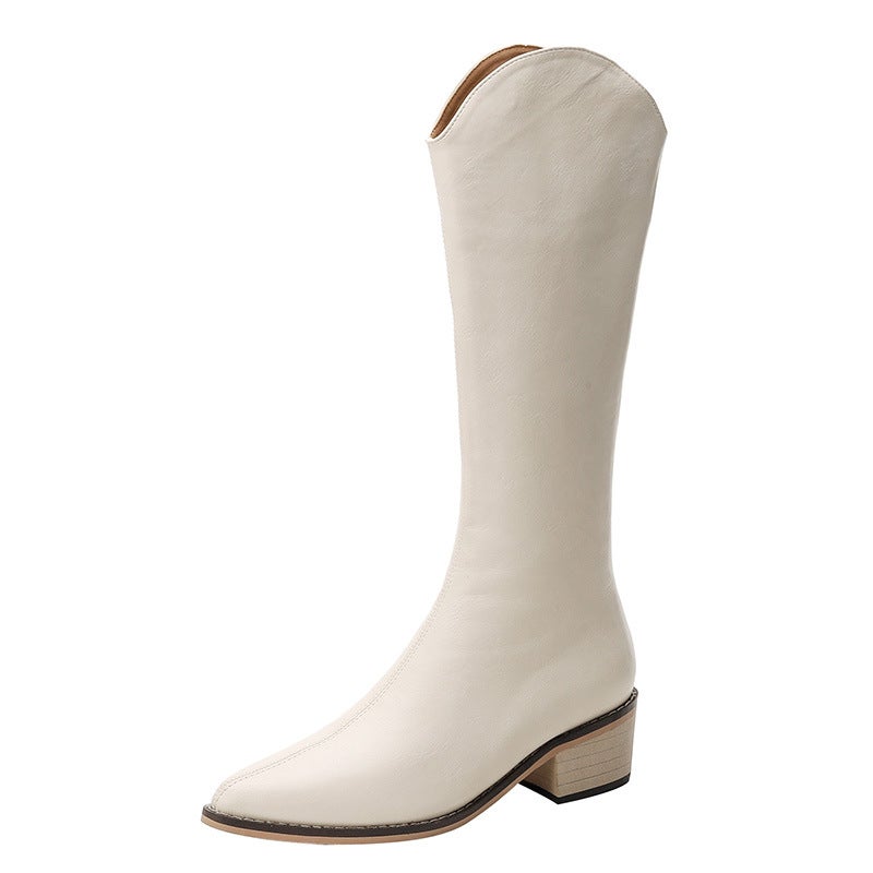 Really Fiber Patent Leather Version V-Mouth Pointed-Toe Boots Female Knight Western Cowboy Boots High-Top No-Knee Boots Thick Heels - Image 1