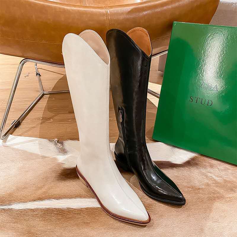 Really Fiber Patent Leather Version V-Mouth Pointed-Toe Boots Female Knight Western Cowboy Boots High-Top No-Knee Boots Thick Heels - Image 2