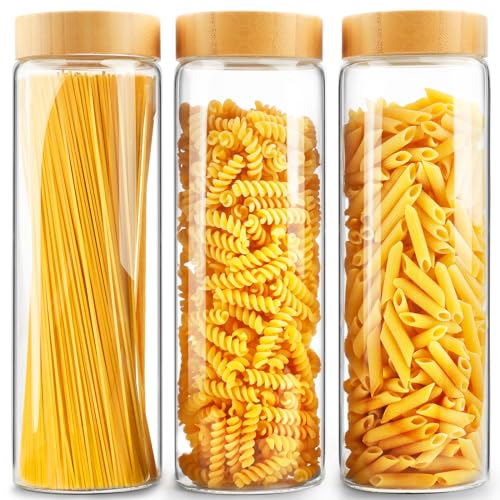 AISIPRIN Glass Jars with Airtight Lid,Glass Jar with Bamboo Lid,Glass Canisters with Airtight Lids, 3 Pack 80oz Glass Cereal Containers Storage,Glass Cookie Jars,Pasta Containers,Screw On Kitchen Jars - Image 1
