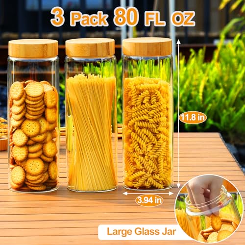 AISIPRIN Glass Jars with Airtight Lid,Glass Jar with Bamboo Lid,Glass Canisters with Airtight Lids, 3 Pack 80oz Glass Cereal Containers Storage,Glass Cookie Jars,Pasta Containers,Screw On Kitchen Jars - Image 2