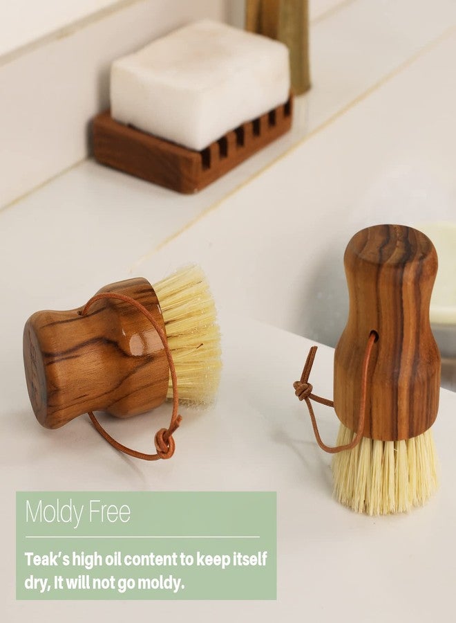 HTB Teak Dish Scrub Brush 2PCS by HTB, Good Grip Small Wooden Dish Brush with Teak Handle & Sisal Bristles for Kitchen, Wood Cleaning Scrubbers Set for Washing Pan/Pot/Vegetable/Fruit - Image 2