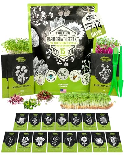 Tactiko Survival 15 Tactiko Rapid Growth Microgreens & Vegetable Seed Kit – Heirloom Non-GMO Grown in USA – for Everyday or Survival Use – Sprout Indoors or Grow Full-Size Veggies in Soil, Containers, or Hydroponics - Image 1