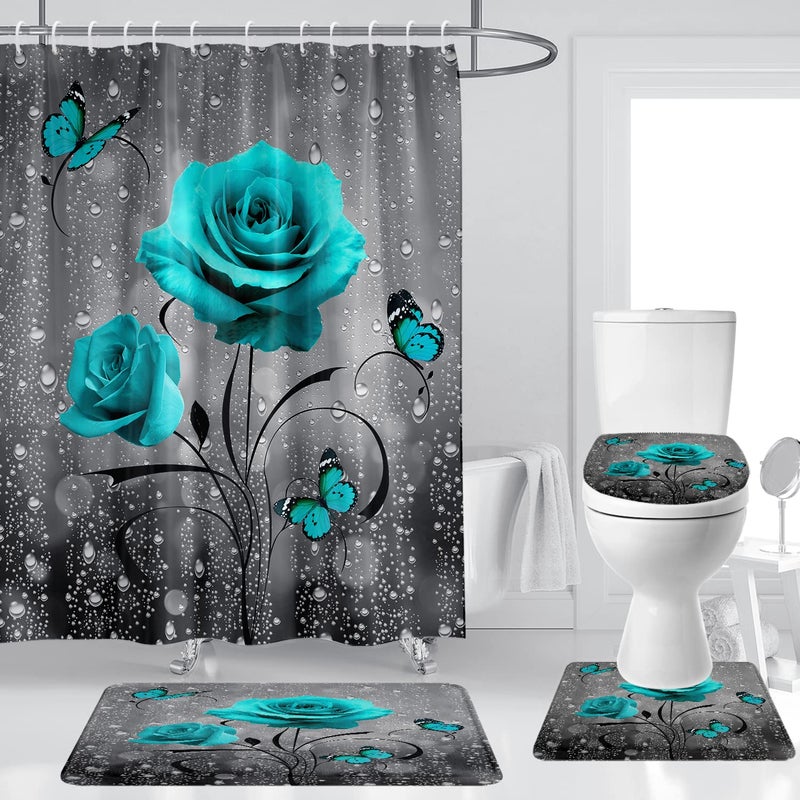 Teal Rose Shower Curtain Set Bathroom Rugs Flower Aqua Bath Mat NonSlip Soft Toilet Lid Cover Absorbent Bath Rug Kitchen Floor Carpet 60x72 Inch