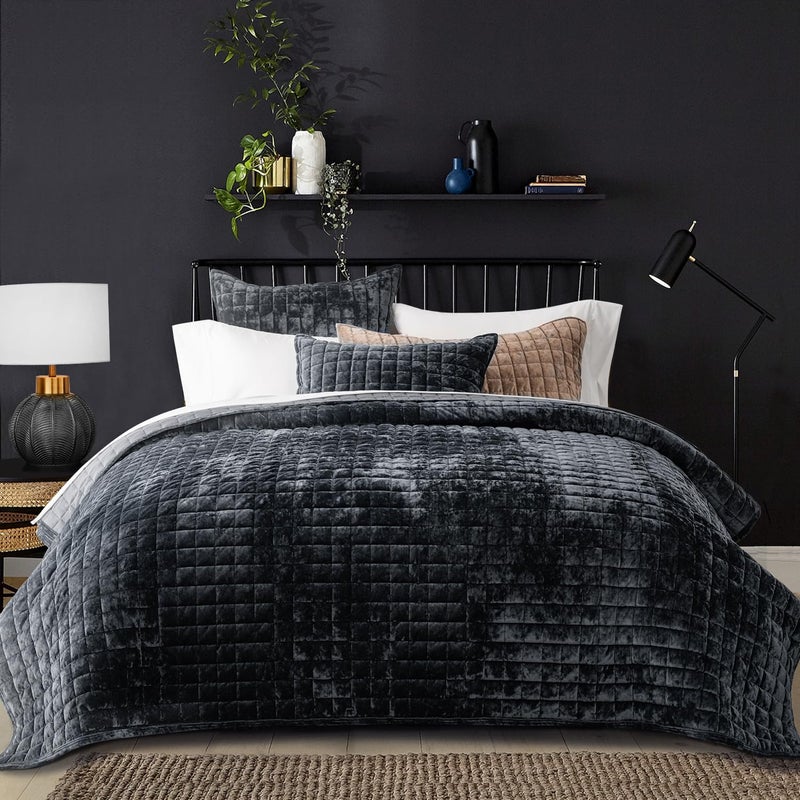 RECYCO Luxury Velvet Quilt Set Full Queen Size Bedding Sets, Ultra Soft Velvet Comforter Set, Lightweight Channel Box Stitch Oversized Bedspread Coverlet for All Season, with 2 Shams, Black - Image 2