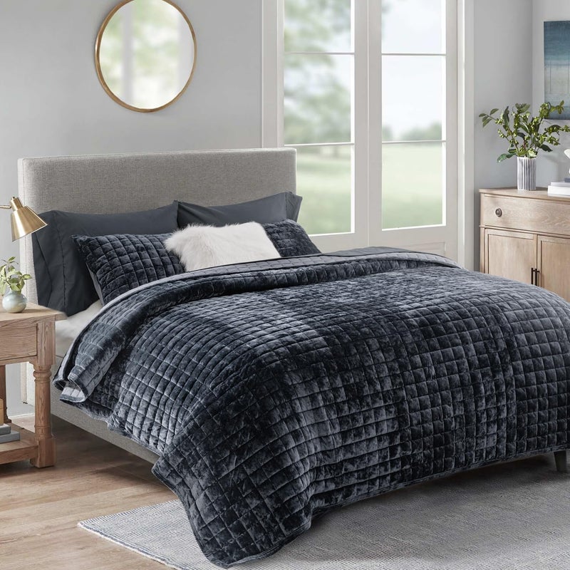 RECYCO Luxury Velvet Quilt Set Full Queen Size Bedding Sets, Ultra Soft Velvet Comforter Set, Lightweight Channel Box Stitch Oversized Bedspread Coverlet for All Season, with 2 Shams, Black - Image 1