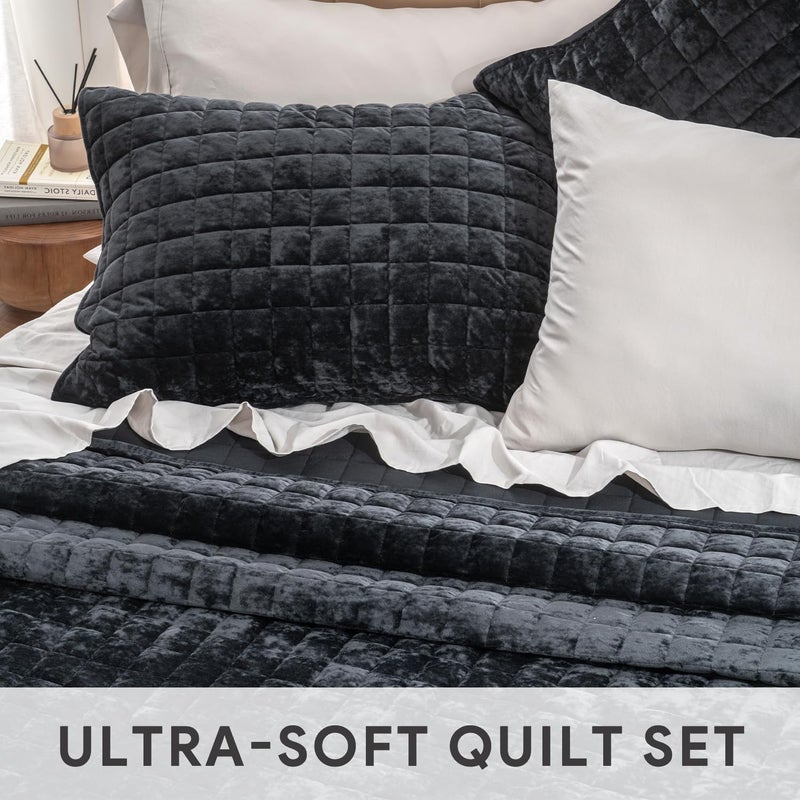 RECYCO Luxury Velvet Quilt Set Full Queen Size Bedding Sets, Ultra Soft Velvet Comforter Set, Lightweight Channel Box Stitch Oversized Bedspread Coverlet for All Season, with 2 Shams, Black - Image 4
