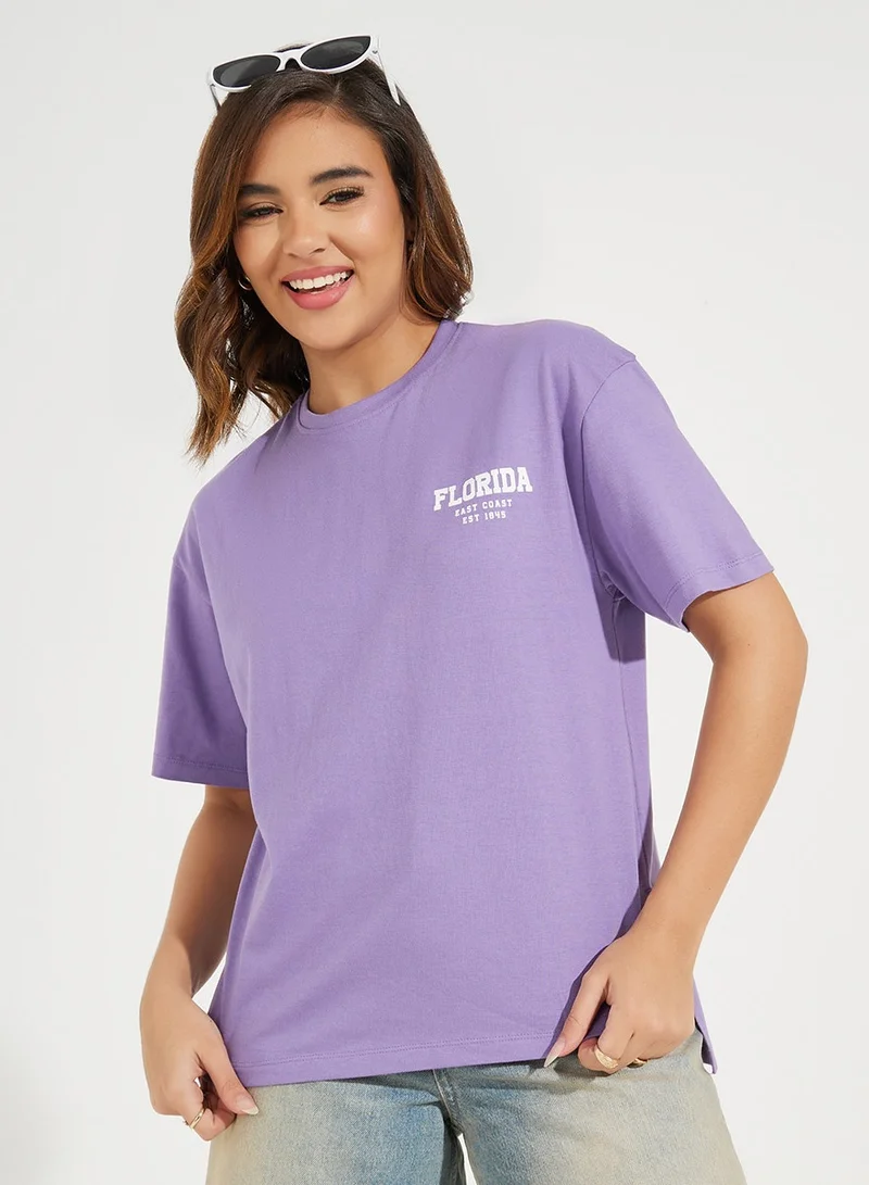 Styli Oversized Back Florida Print Longline T-Shirt