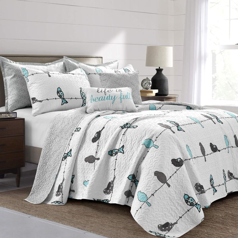 Lush Decor Lush Decor Rowley Birds Quilt Set 7 Piece Set King Blue  Gray  Reversible Bird Bedding Set With Pillow Cases  Throw Pillows  Colorful Whimsical  Playful Floral Bird Print 