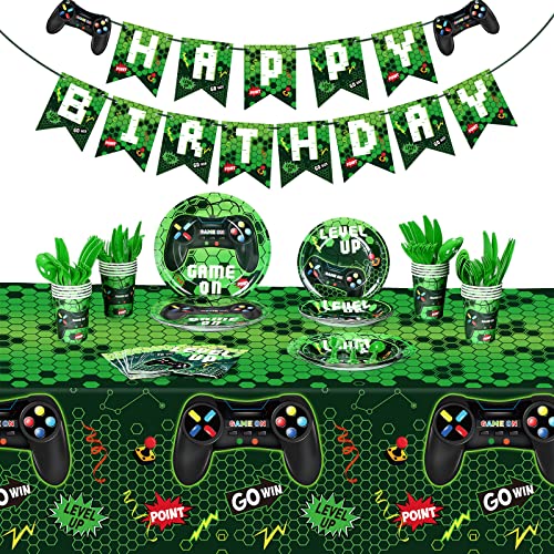 Tiamon 172 Pcs Video Game Party Decoration Gaming Party Tableware Supplies Happy Birthday Banner Tablecloth Paper Plates Level up Theme Decorations for Boy Serves 24 GuestsGreen - Image 1