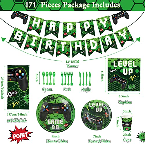 Tiamon 172 Pcs Video Game Party Decoration Gaming Party Tableware Supplies Happy Birthday Banner Tablecloth Paper Plates Level up Theme Decorations for Boy Serves 24 GuestsGreen - Image 5