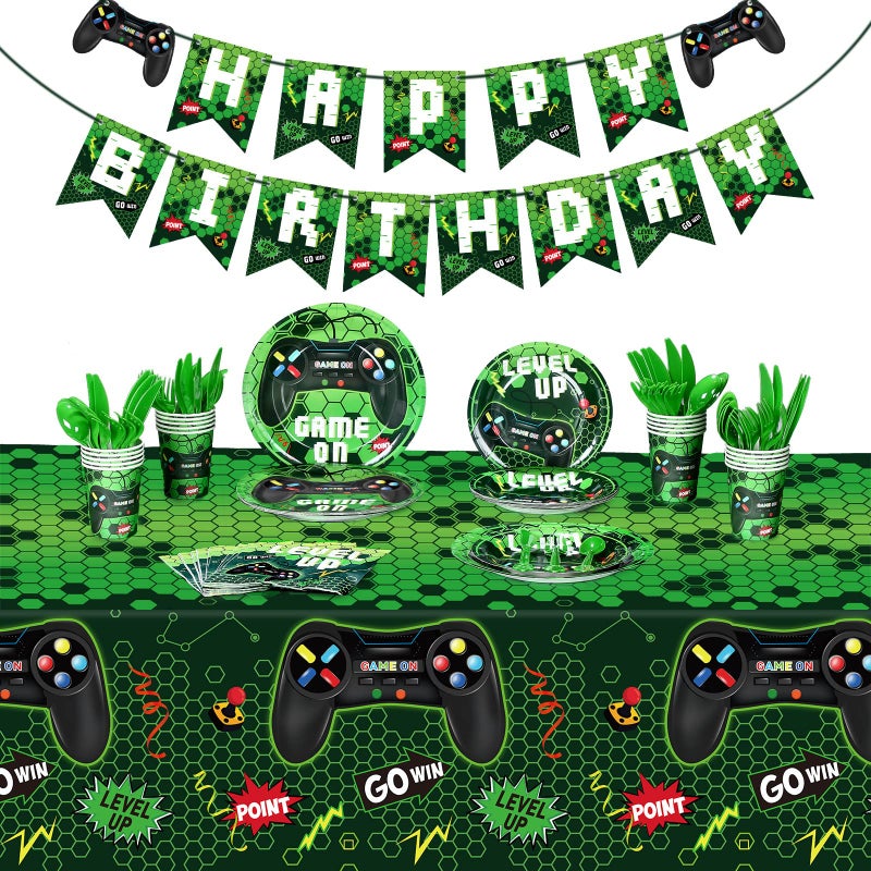 Tiamon 172 Pcs Video Game Party Decoration Gaming Party Tableware Supplies Happy Birthday Banner Tablecloth Paper Plates Level up Theme Decorations for Boy Serves 24 GuestsGreen - Image 3