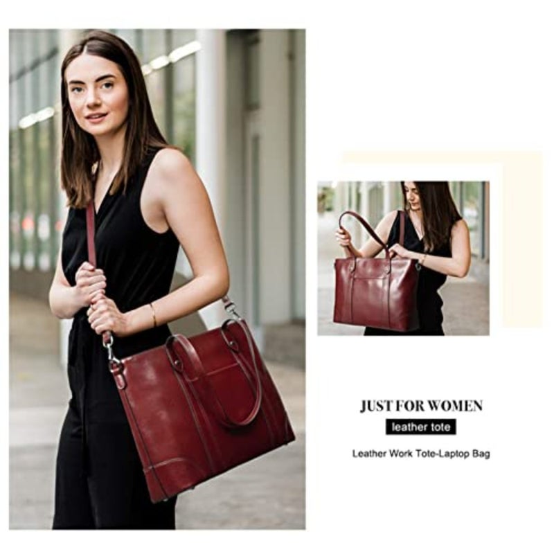 S-ZONE Leather Tote Bag for Women Office Shoulder Handbag 15.6 Inch Work Laptop Briefcase - Image 2