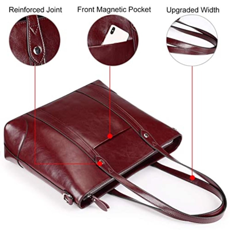 S-ZONE Leather Tote Bag for Women Office Shoulder Handbag 15.6 Inch Work Laptop Briefcase - Image 4