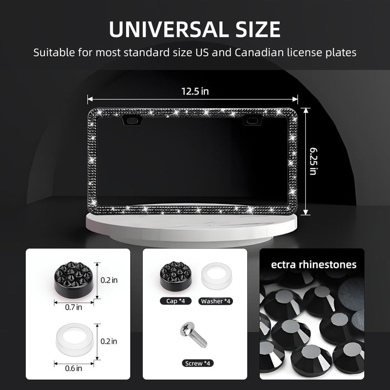 EWBN Bling License Plate Frame for Women,2 Pack Sparkly Rhinestone License Plate Holder,Premium Stainless Steel Diamond Car Accessories License Plate Cover with Glitter Crystal Caps（Black） - Image 2
