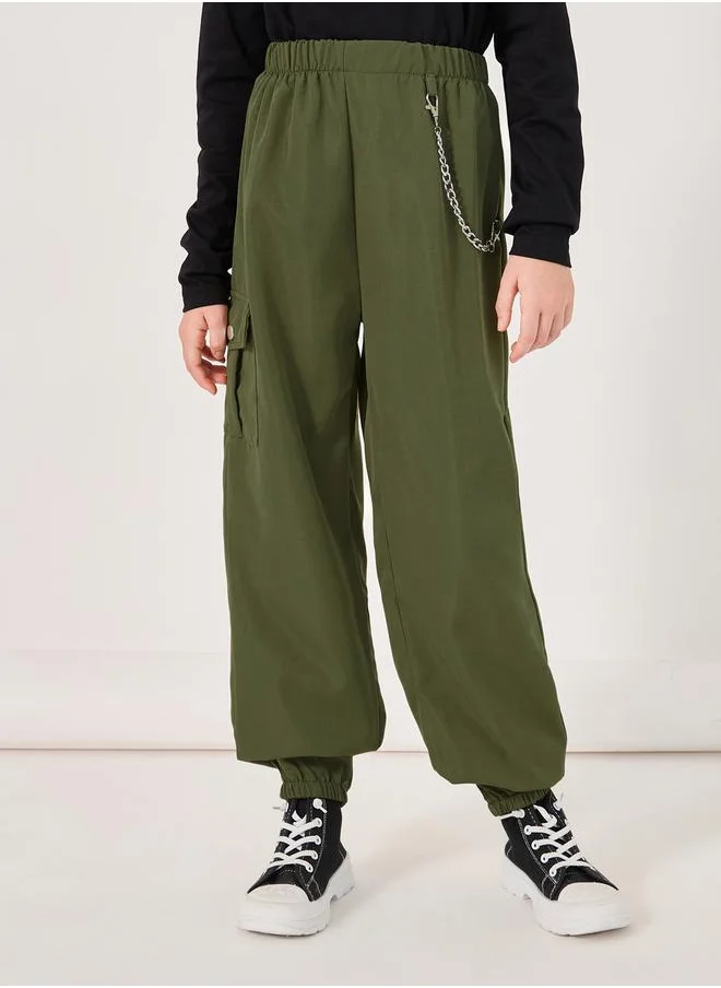 Styli Solid Cargo Pocket Pants with Chain Detail