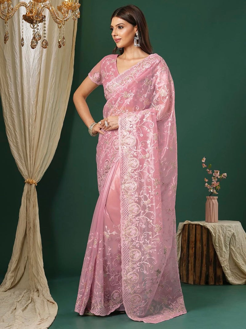 saree mall ساري مول ساري نسائي وردي من الأورجانزا مزين مع بلوزة غير مخيطة (KRIYNS2003_KH) - Image 4