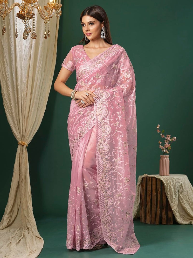 saree mall ساري مول ساري نسائي وردي من الأورجانزا مزين مع بلوزة غير مخيطة (KRIYNS2003_KH) - Image 3