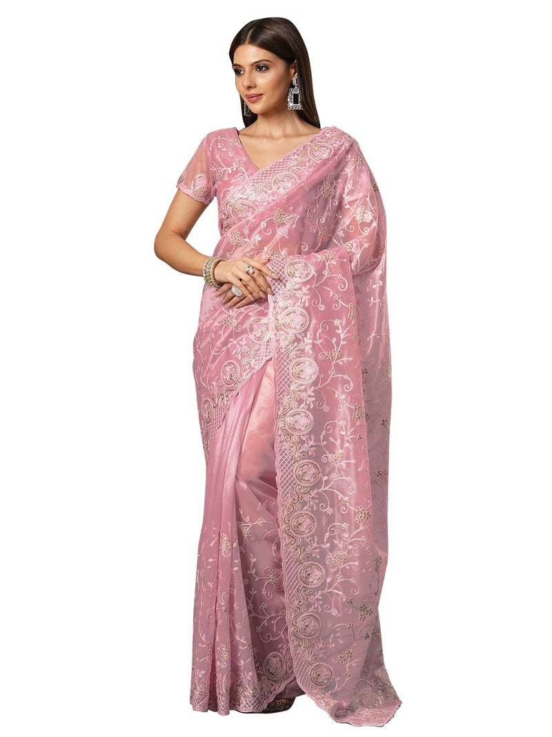 saree mall ساري مول ساري نسائي وردي من الأورجانزا مزين مع بلوزة غير مخيطة (KRIYNS2003_KH) - Image 1