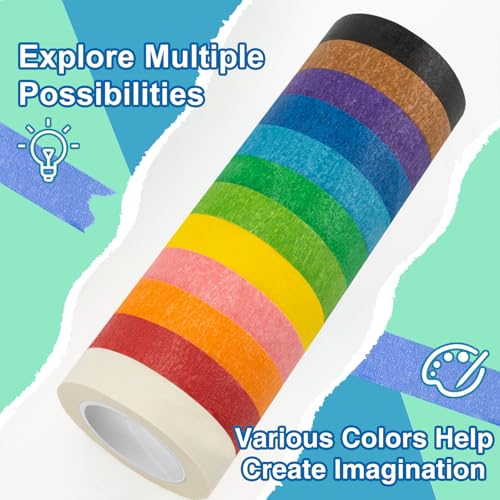 OWLKELA 12 Rolls Colored Masking Tape 16 Yard Per Roll, Rainbow Colors Painting Tape, Painters Tape, Craft Tape, Labeling Tape, Paper Tape for Bullet Journals, Party Decorations, DIY Craft - Image 3