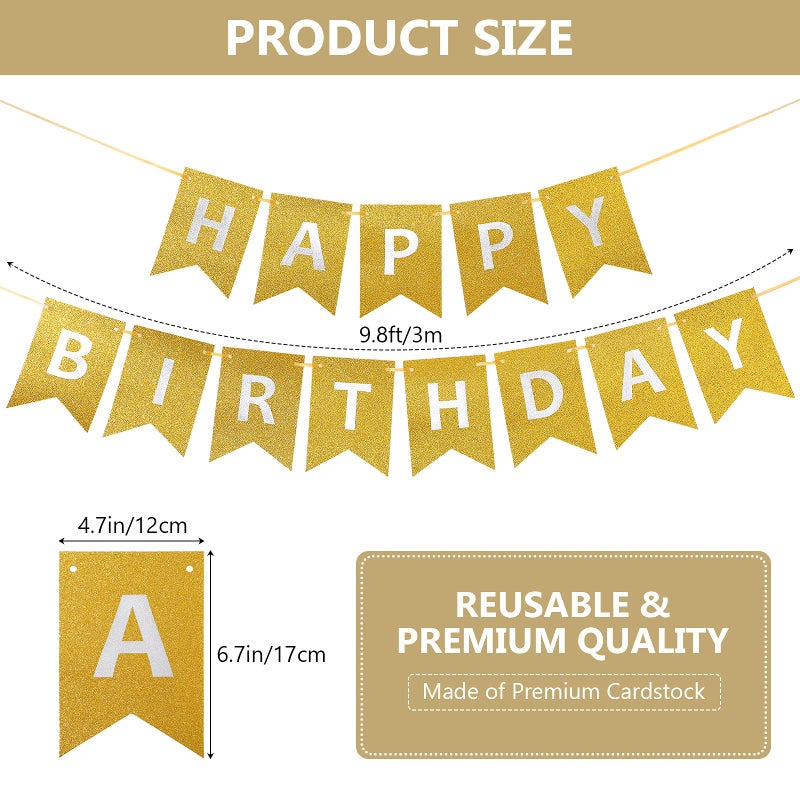 Clabby Glitter Gold Happy Birthday Banner with Shiny Letters Happy Birthday Shiny Glitter Hanging Signs Bunting for Party Supplies Hanging Backdrop Decoration - Image 2