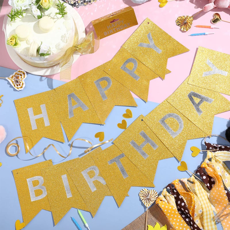 Clabby Glitter Gold Happy Birthday Banner with Shiny Letters Happy Birthday Shiny Glitter Hanging Signs Bunting for Party Supplies Hanging Backdrop Decoration - Image 3