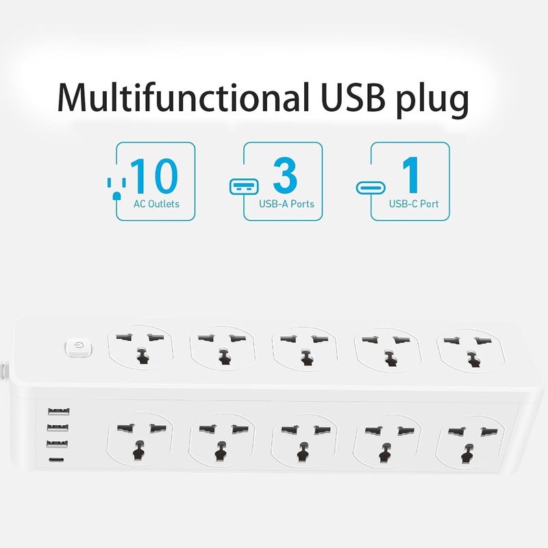 Zahaa 5m Universal Extension Cord with 6 Power Socket and 3 USB Slots, 6 Way Power Strip with USB type C PD Charging slot, Extension Lead 5 meter - White (6S+3U-1PD+5M) - Image 2