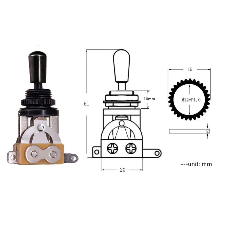 JD.Moon Electric Guitar 3 Way Toggle Switch Pickup Selector Switch with Brass Tip Knob (Black) - Image 2