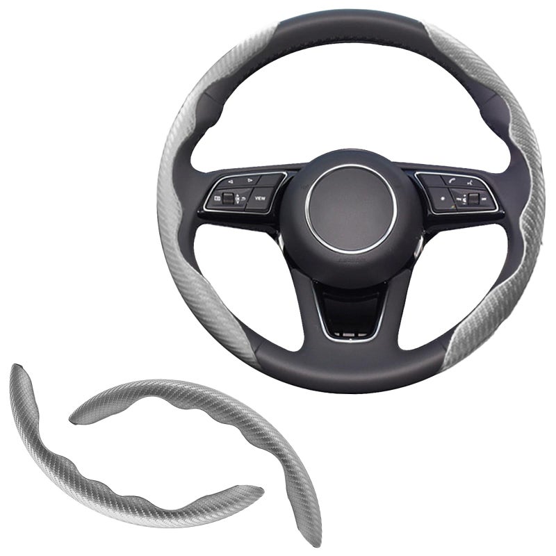 Lunwag 2pcs Universal Fit Carbon Fiber Steering Wheel Cover AntiSkid Steering Wheel CoverSegmented Steering Wheel ProtectorCar Interior Accessories Gray - Image 3