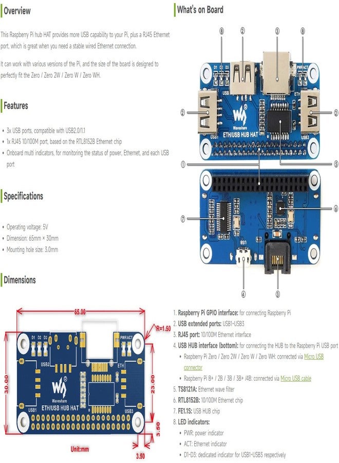 Waveshare Ethernet/USB HUB Hat for Raspberry Pi Stable Wired Ethernet Connection with 1x RJ45 Ethernet Port and 3x USB Ports Compatible with USB2.0/1.1 Fits The Zero/Zero W/Zero WH - Image 3