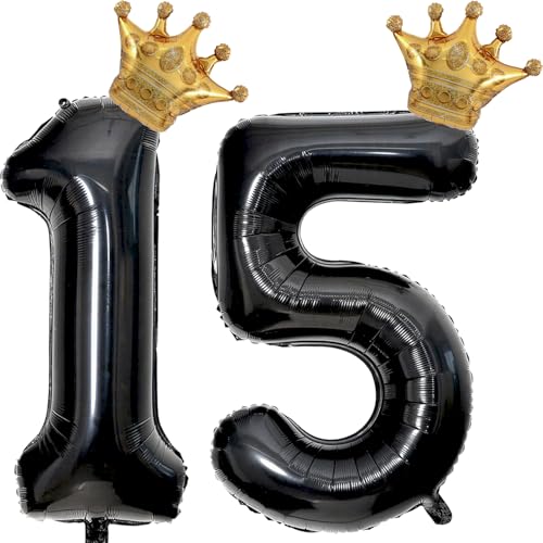 Florisland 40 inch Large Black 15 Balloon Number with Gold Crown Balloons 15th Birthday Big Foil Mylar Helium Balloon for Boys Girls 15th Birthday Anniversary Decorations Supplies FavorsNumber 15 Balloons - Image 1