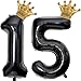 Florisland 40 inch Large Black 15 Balloon Number with Gold Crown Balloons 15th Birthday Big Foil Mylar Helium Balloon for Boys Girls 15th Birthday Anniversary Decorations Supplies FavorsNumber 15 Balloons - Image 2