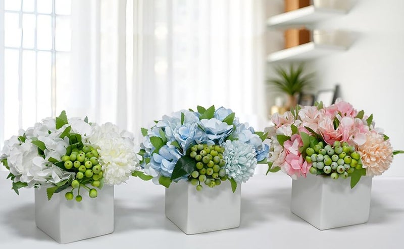 LADADA Fake Peony Flowers in Ceramic Vase,Faux Hydrangea Flower Arrangements for Home Decor Artificial Flowers with Vase - Image 3