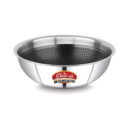 Classic Steels Hexa Comb Triply Tasla Without Lid - 1 LTR (18cm) | Stainless Steel Deep Kadhai | Gas & Induction Compatible | Silver Cookware for Indian Cooking | 2.5mm Thickness - Image 1