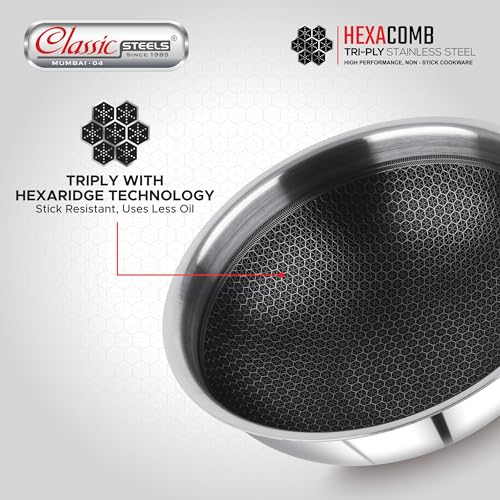 Classic Steels Hexa Comb Triply Tasla Without Lid - 1 LTR (18cm) | Stainless Steel Deep Kadhai | Gas & Induction Compatible | Silver Cookware for Indian Cooking | 2.5mm Thickness - Image 5