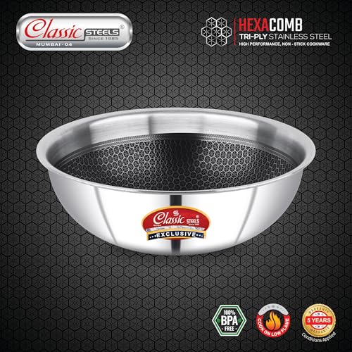 Classic Steels Hexa Comb Triply Tasla Without Lid - 1 LTR (18cm) | Stainless Steel Deep Kadhai | Gas & Induction Compatible | Silver Cookware for Indian Cooking | 2.5mm Thickness - Image 2