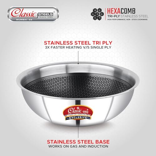 Classic Steels Hexa Comb Triply Tasla Without Lid - 1 LTR (18cm) | Stainless Steel Deep Kadhai | Gas & Induction Compatible | Silver Cookware for Indian Cooking | 2.5mm Thickness - Image 3