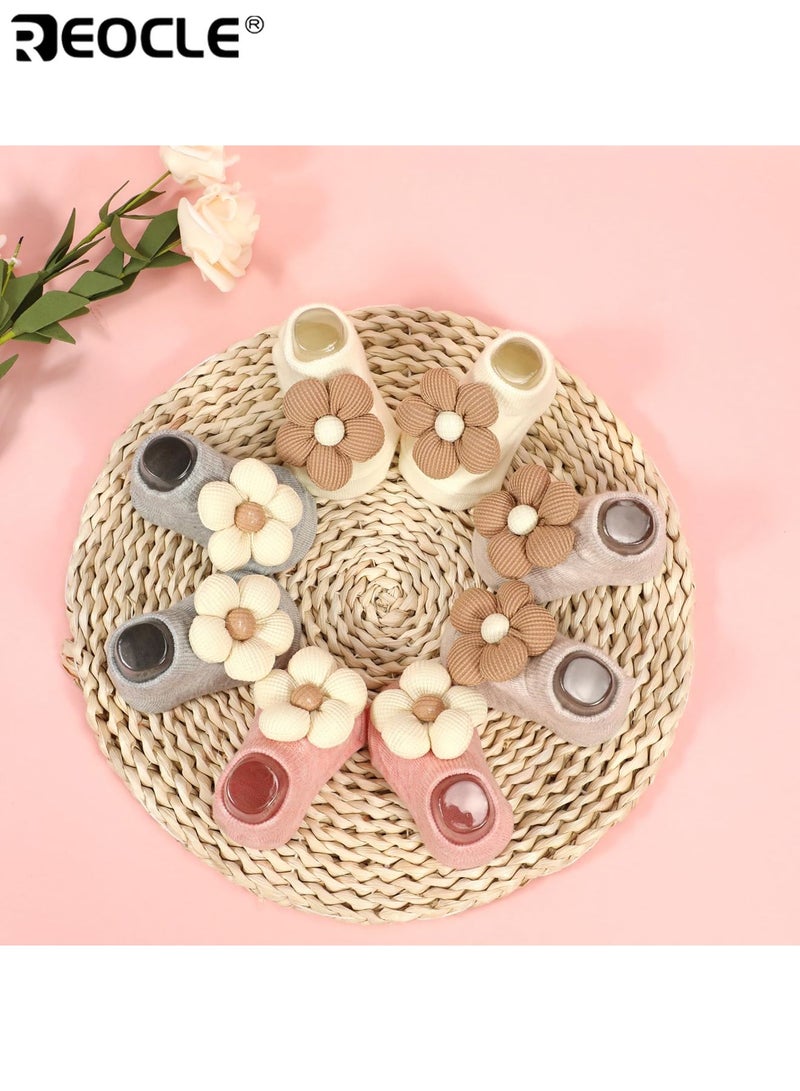 REOCLE 4 Pairs Baby's Ankle Socks with Flower Design, Non-Slip Grips, and Soft Stretch Fabric for Everyday Comfort - Image 2