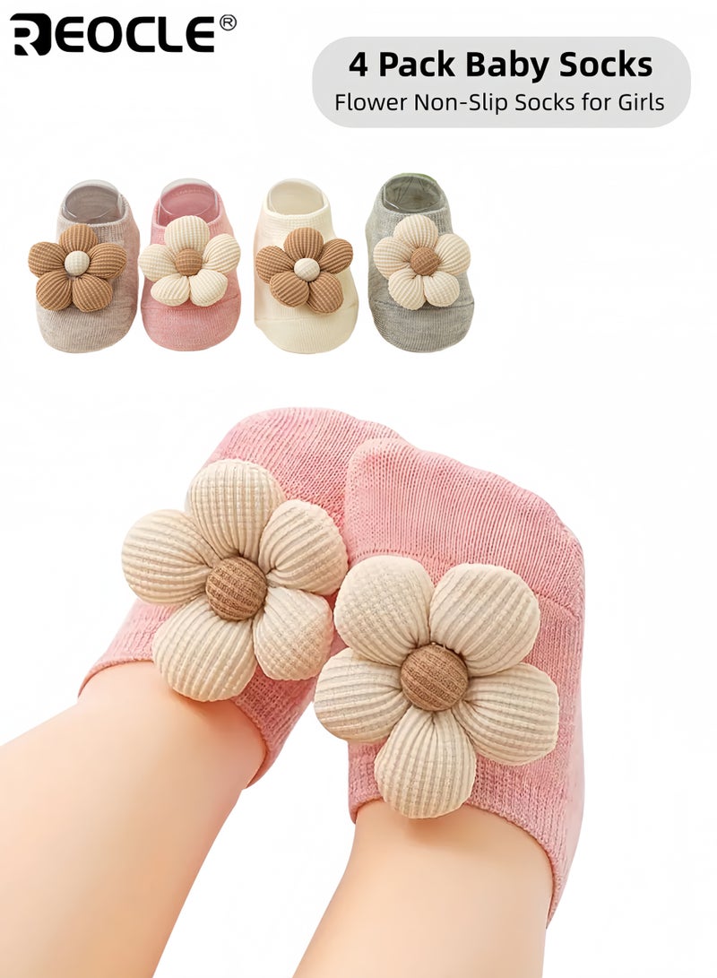 REOCLE 4 Pairs Baby's Ankle Socks with Flower Design, Non-Slip Grips, and Soft Stretch Fabric for Everyday Comfort - Image 1