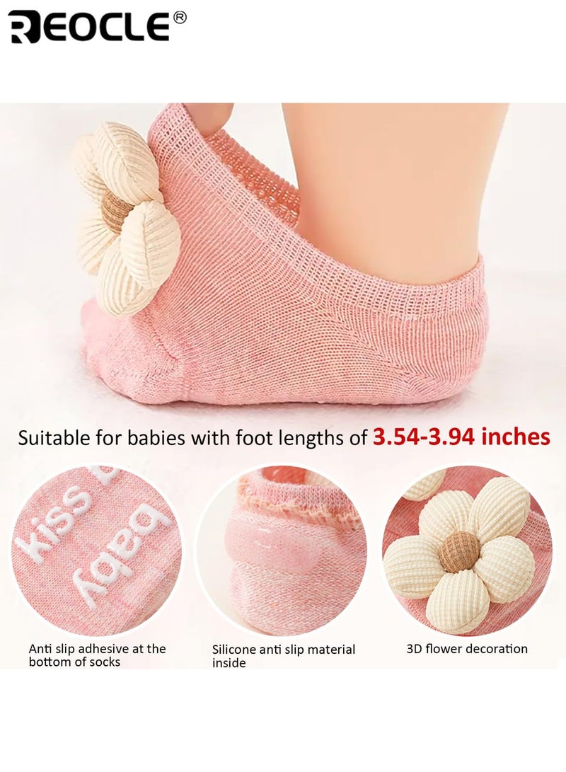 REOCLE 4 Pairs Baby's Ankle Socks with Flower Design, Non-Slip Grips, and Soft Stretch Fabric for Everyday Comfort - Image 5