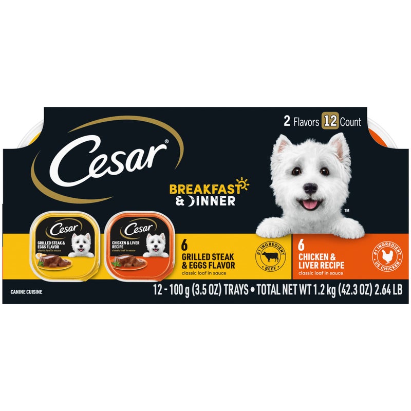 Cesar Wet Dog Food Classic Loaf in Sauce Breakfast and Dinner Mealtime Variety Pack, 3.5 oz. Easy Peel Trays (12 Count, Pack of 1) - Image 1
