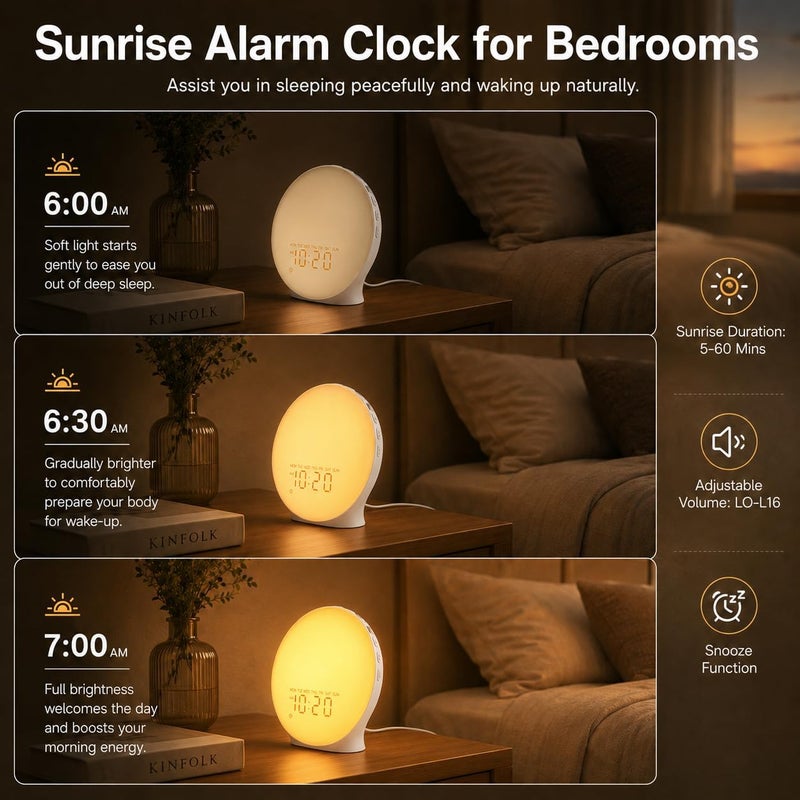 Jall Sunrise Alarm Clock White Noise Sound Machine with 22 Soothing Sounds, 17 NightLights, Wake Up Light Alarm Clock for Bedrooms, Heavy Sleepers - Image 4