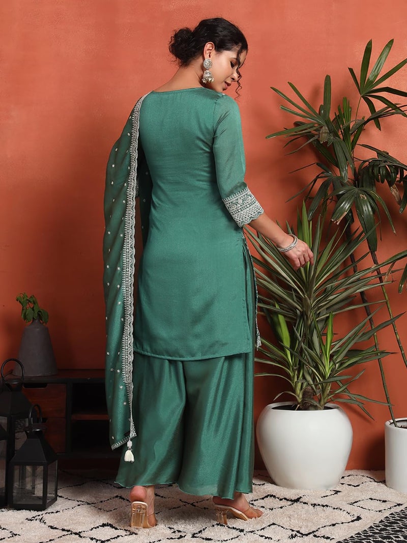 SHOPPING QUEEN Women's Silk Blend Embroidered Kurta and Palazzo Set (A586_Sea Green_XL) - Image 2
